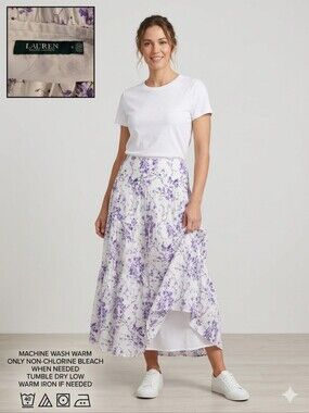 Ralph Lauren Tiered White Skirt with Purple Floral Print